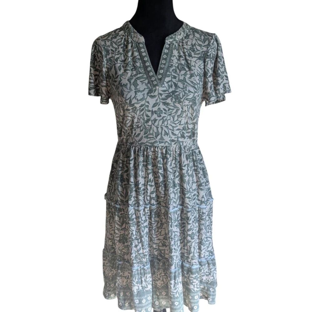 Lucky Brand Sage Green Floral Tiered Flutter Sleeve Midi Dress Boho Chic